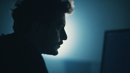 A male developer focused in a dark room, illuminated by the glow of a computer screen.