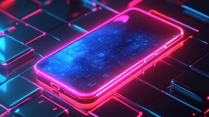 Neon-Lit Smartphone Displaying Complex Digital Circuitry on Dark Geometric Surface