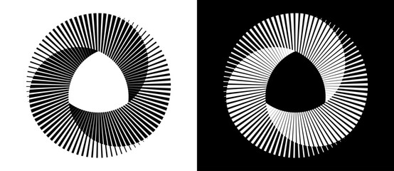 Wall Mural - Abstract background with lines in circle. Art design spiral as logo or icon with 4 parts. A black figure on a white background and an equally white figure on the black side.