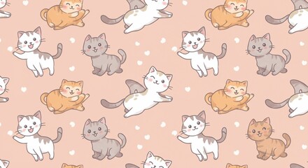  Adorable Cartoon Cat Pattern: Playful Kittens on Soft Peach Background