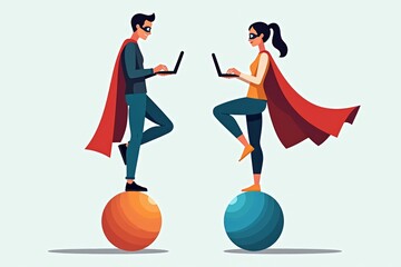a duo of programmer superheroes balancing on exercise balls while coding