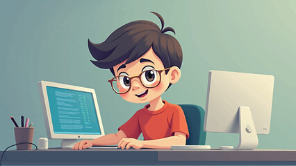 Child at computer. Cartoon boy learning at desk with laptop. Online education, e-learning technology learning, e-learning web element learning. Vector cartoon design illustration
