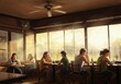 © Olesya - Multiple women and a man sit inside a cafe with a ceiling fan and wall fan, seeking relief from a hot summer day. Interior scene with patrons escaping outdoor heat.