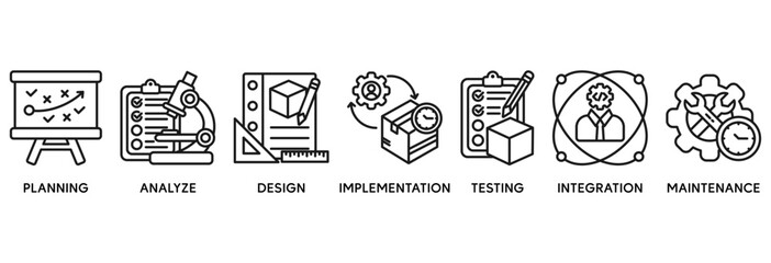 Software development icon set vector illustration concept relate to planning, analyze, design, implementation, testing, integration, and maintenance