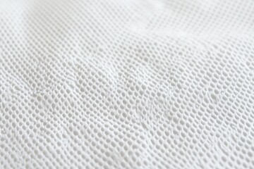 High-resolution close-up of white mesh fabric with soft spiral folds, showcasing delicate texture and breathable material. 