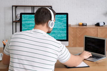 Wall Mural - male programmer working with computer and laptop in office, back view