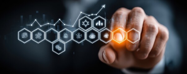 Wall Mural - businessman interacting with augmented technology and data visualization on a tablet device