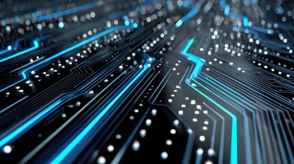 Wall Mural - Abstract Digital Circuit Board Pattern with Glowing Blue Lines and Lights on Dark Background