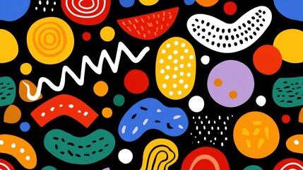 Wall Mural - Abstract Colorful Pattern with Geometric Shapes and Dots on Black Background