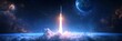 © olga_demina - Rocket ship flying over earth and clouds, starting its journey through the universe, with planets and galaxies visible in the background, representing space exploration and new frontiers