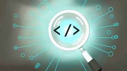 Code Analysis and Digital Development Concept with Magnifying Glass and Abstract Network