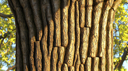 Close-up textured oak tree bark, sunlight, blurred leaves background; nature, botany, texture