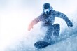 © avaye - A snowboarder carves through fresh snow wearing helmet and goggles, Action shot of winter sport athlete on snowy slope, Dynamic outdoor adventure scene