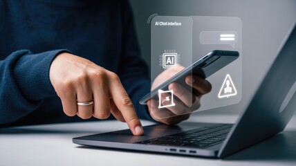Asian man using laptop & phone interacting with AI chat interface graphics overlay