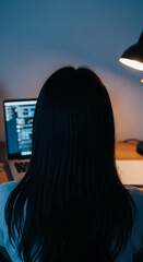 Wall Mural - rear view of long black hair, person using laptop at night, illuminated by desk lamp, showing focus 