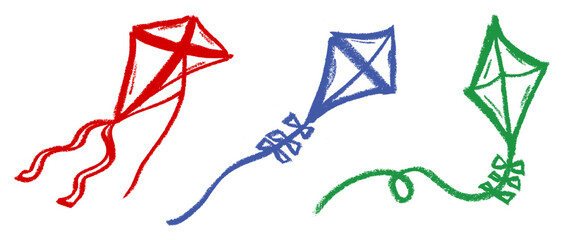 Wall Mural - Flying Kite Crayon Chalk Drawing Vector Set