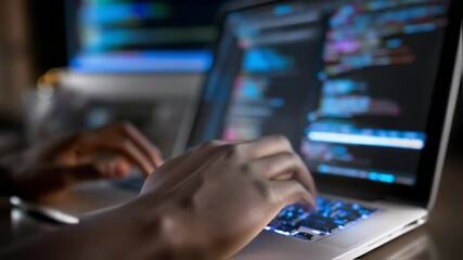 Coding on a Laptop: Close-up of hands typing on a keyboard, with code displayed on the screen