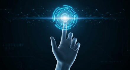 Hand touch digital hud interface futuristic technology background of virtual computer screen display ui future concept or cyber communication hologram and innovation internet system on vr cyberspace.