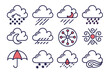 © Jolly J Icon - Comprehensive collection of weather forecast symbols featuring clouds rain sun and lightning presented with editable outlines for versatile customization and application in diverse design projects