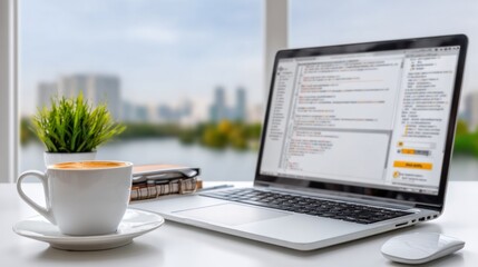 Workstation Serenity: A laptop displays lines of code beside a steaming cup of coffee, potted plant, and notebook, sits serenely by a window overlooking a scenic cityscape.