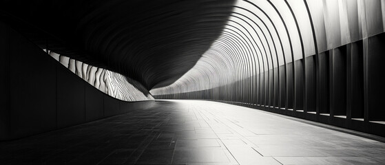 Wall Mural - black and white image of a modern architectural tunnel with curved lines and light at the end, creat