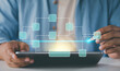© LAONG - Freelancer using tablet make data flow diagram. Workflow scheduling interface. Business professional analyzing. tracking decomposition progress. manage data process system. Digital strategy dashboard