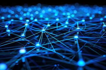 Wall Mural - complex network nodes are connecting, creating a futuristic data flow visualization with glowing lin