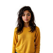 © ColorfulFlowerStudio - Young woman with long dark hair wearing a vibrant yellow sweater, posing confidently against a clean background
