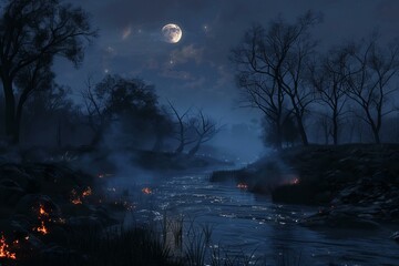 Wall Mural - Small flames illuminating a river flowing through a misty forest under the moonlight