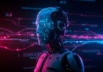 Cybernetic entity, tranquil yet powerful, amidst a vibrant, data-rich technological landscape.

