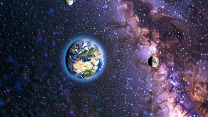 Wall Mural - a cosmic video scene with a wide-angle view of earth and asteroids against a vibrant galaxy backdrop