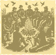 © MSTMAYA - Vibrant color engraving postal stamp halftone frame vector of green group people sitting around fire campfire outdoor nature social gathering warm night illustration