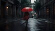 © EBG Stock Studio - Persona con paraguas rojo caminando por calle mojada al atardecer