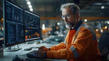 engineer in an industrial workspace utilizing a virtual twin model to monitor and analyze the progre
