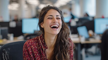 Wall Mural - professional hispanic woman in open-plan office, laughing during online collaboration, vibrant and f