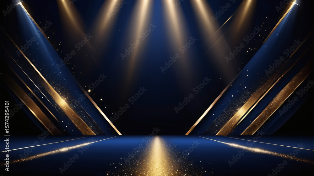 Dark blue stage with golden spotlight lines and glitter texture for ...