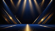 © abian - Dark blue stage with golden spotlight lines and glitter texture for award ceremony design. Realistic 3d abstract premium elegant glamour background template for anniversary or winner rewarding.