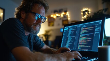male programmer working in low-light tech workspace illuminated by blue lights. data scientist