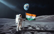 © jendralbiribiri - Indian astronaut on the moon plants flag against Earth backdrop, showcasing space exploration and India's lunar achievement.