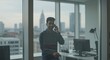 © UrFreepik360 - Photo of A smiling man is talking on the phone in a modern office with a city view