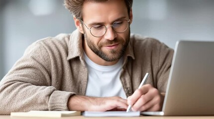 Close-up of Focused Man in Glasses Working on Laptop and Taking Notes at a Table, Remote Work or E-learning Concept