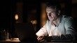 © K silver - Focused business professional working late at night on laptop office environment intense concentration