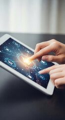Wall Mural - close-up of hands using tablet showcasing online shopping interface, representing e-commerce, digita