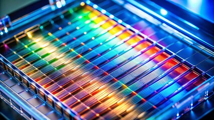 Abstract array of vibrant multicolored illuminated filaments within a transparent casing