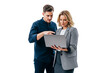 © D85studio - business people holding a laptop isolated on white