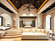 © Jittiwan - Luxurious spacious bedroom features a bedding area with stairs leading down to a lounge area by a large plush sofa and black ceiling fan on arched roof bathed in soft lightings