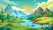 © Design one - Vector art of a picturesque river winds through a valley with mountains and a small cabin under a vibrant sunset sky