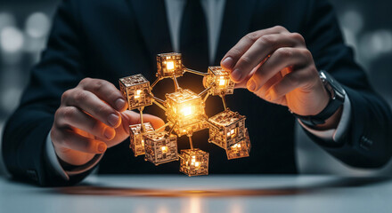 Wall Mural - close-up of illuminated golden cubes connected, held by hands in a dark suit, showcasing a network c