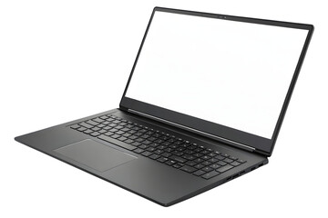 top view silver laptop computer with dark keyboard layout visible, blank white screen shown, isolate