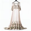 © Sultonah - Elegant embroidered formal dress floating ethereally on a hanger against purity on white background